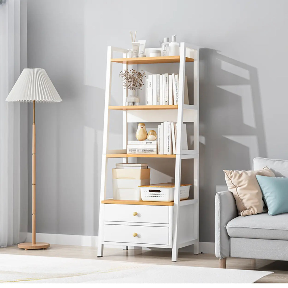 Rustic White 4-Shelf Ladder Open Back Display Bookcase Image - 4