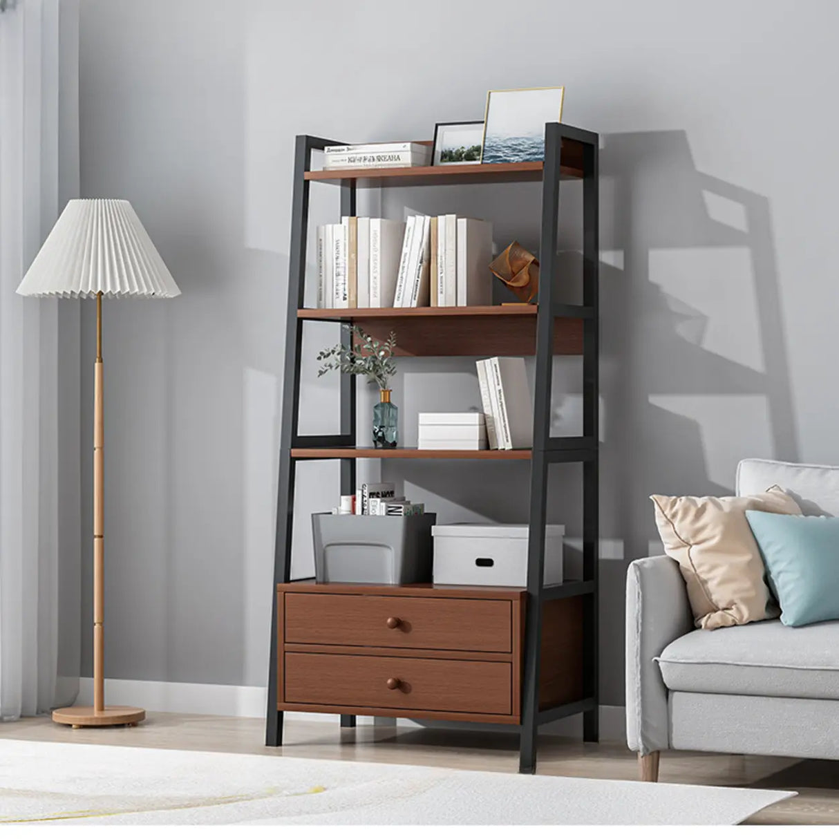 Rustic White 4-Shelf Ladder Open Back Display Bookcase Image - 5