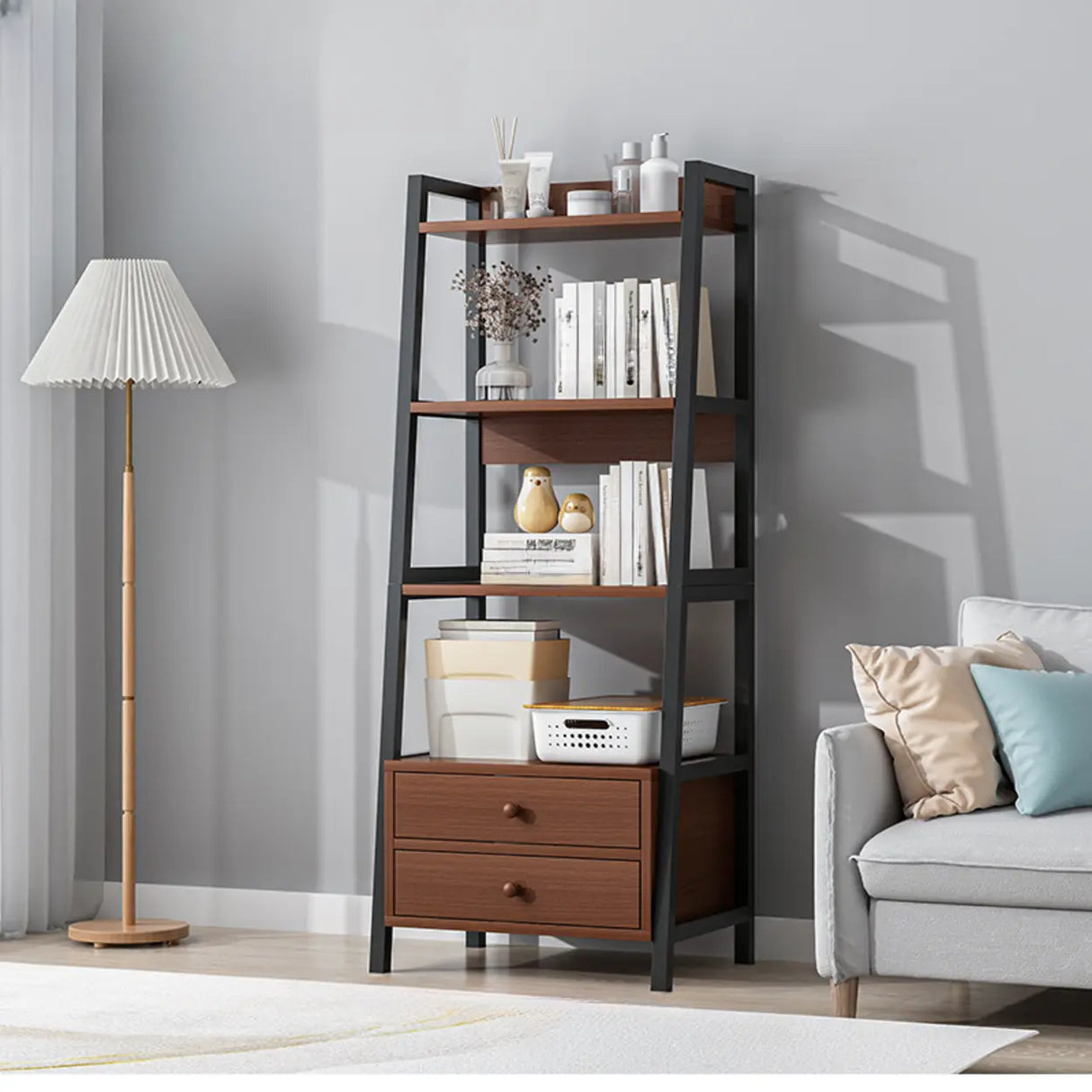 Rustic White 4-Shelf Ladder Open Back Display Bookcase Image - 6