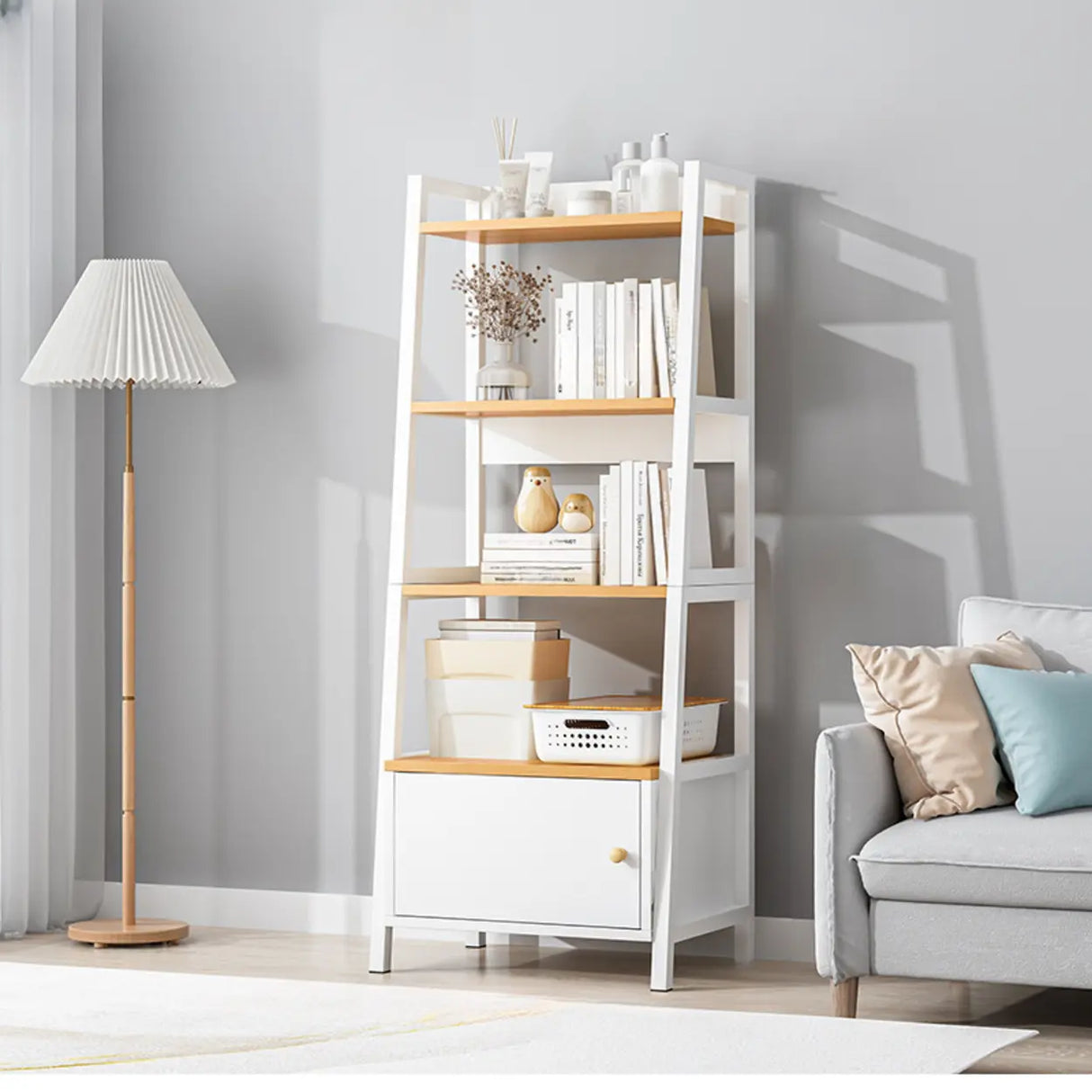 Rustic White 4-Shelf Ladder Open Back Display Bookcase Image - 9