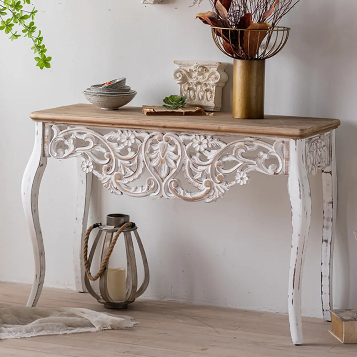 Rustic White Rectangular Wood Standard Console Table Image - 1