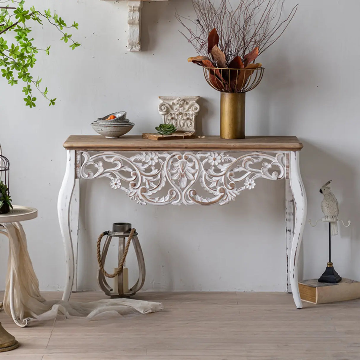 Rustic White Rectangular Wood Standard Console Table Image - 2