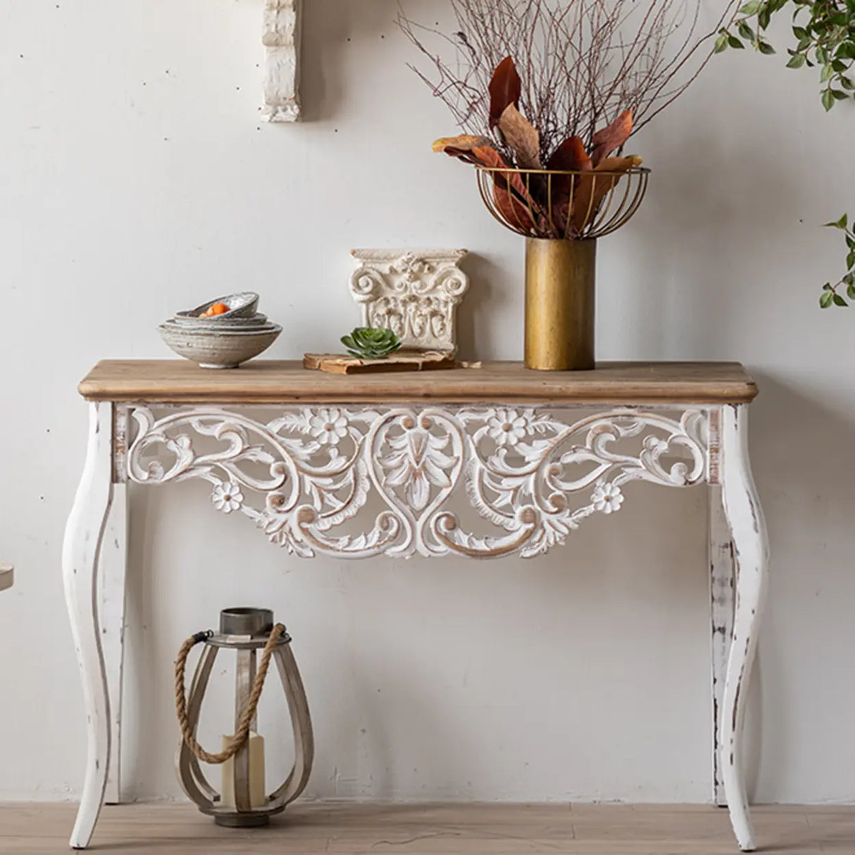 Rustic White Rectangular Wood Standard Console Table Image - 3