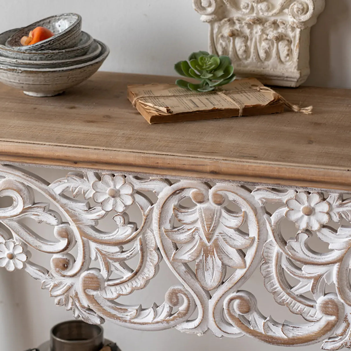 Rustic White Rectangular Wood Standard Console Table Image - 6