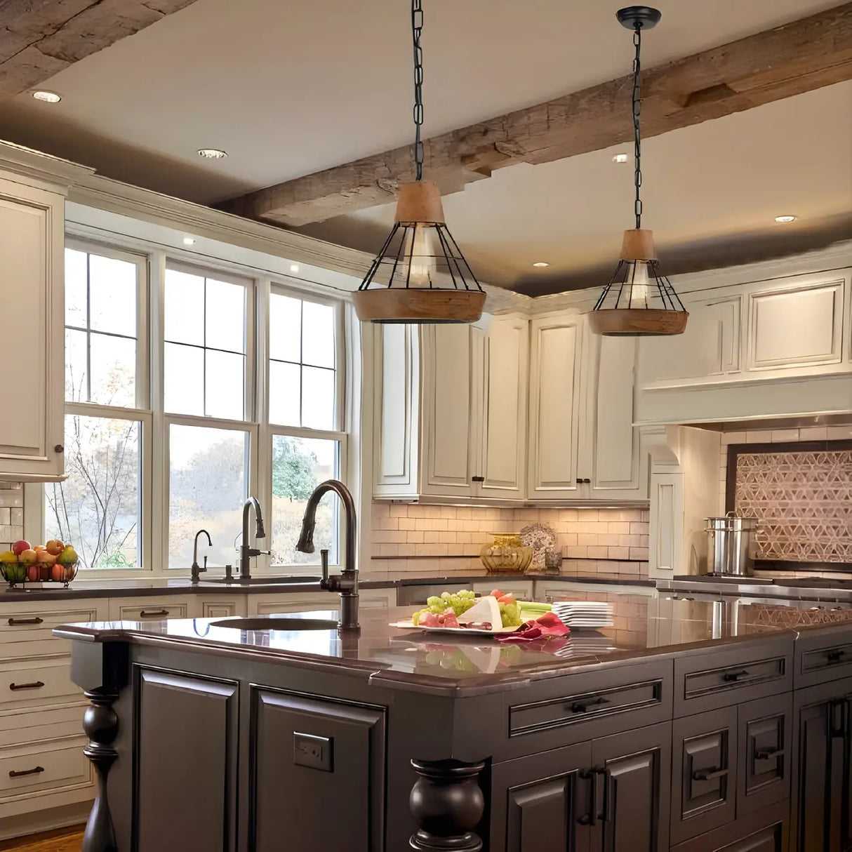 Rustic Wood and Metal Diamond Cage Kitchen Pendant Light Image - 1