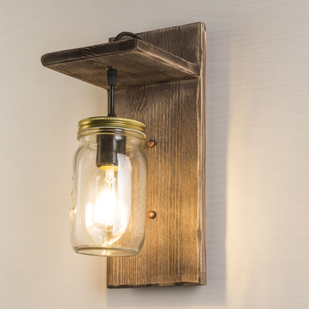 Rustic Wood Backplate Mason Jar LED Wall Sconce Image - 3