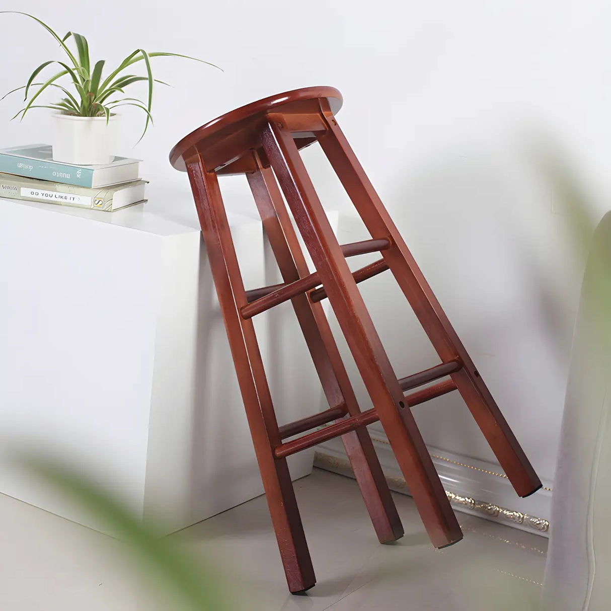 Rustic Wood Black Walnut White Round Bar Stool With Footrest Image - 13