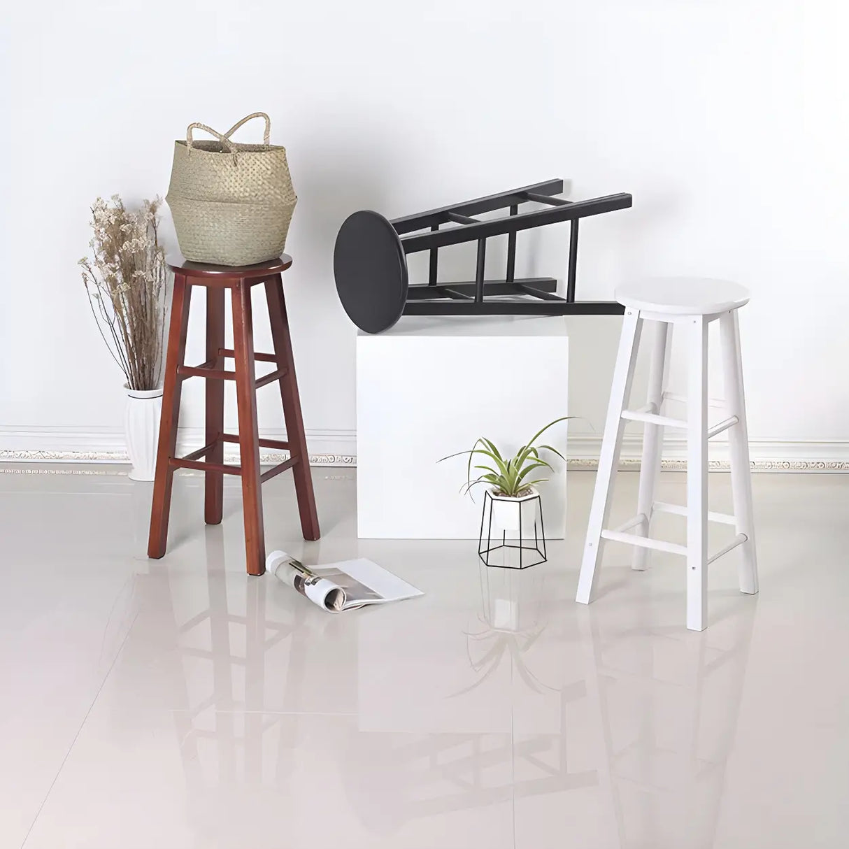 Rustic Wood Black Walnut White Round Bar Stool With Footrest Image - 14