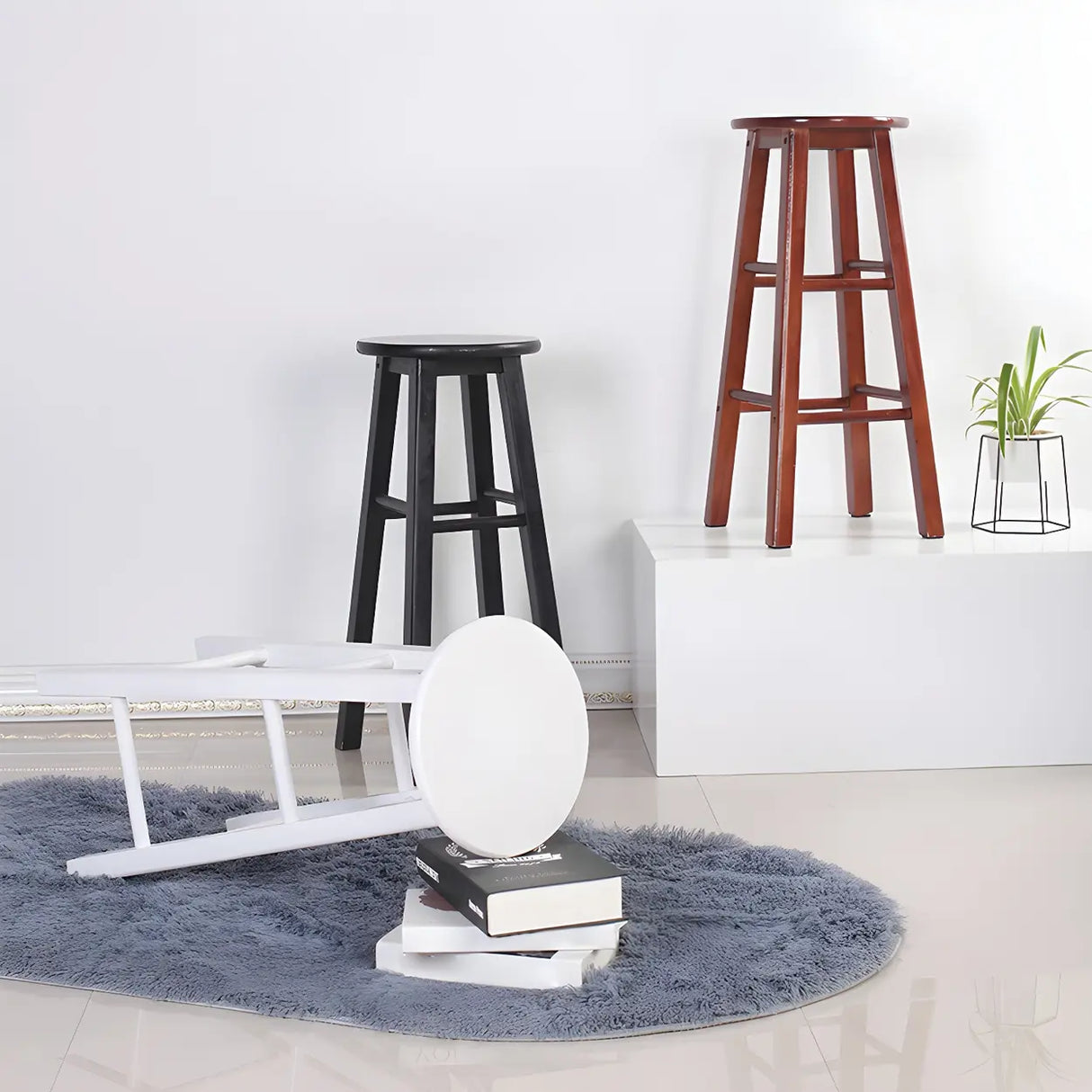 Rustic Wood Black Walnut White Round Bar Stool With Footrest Image - 5