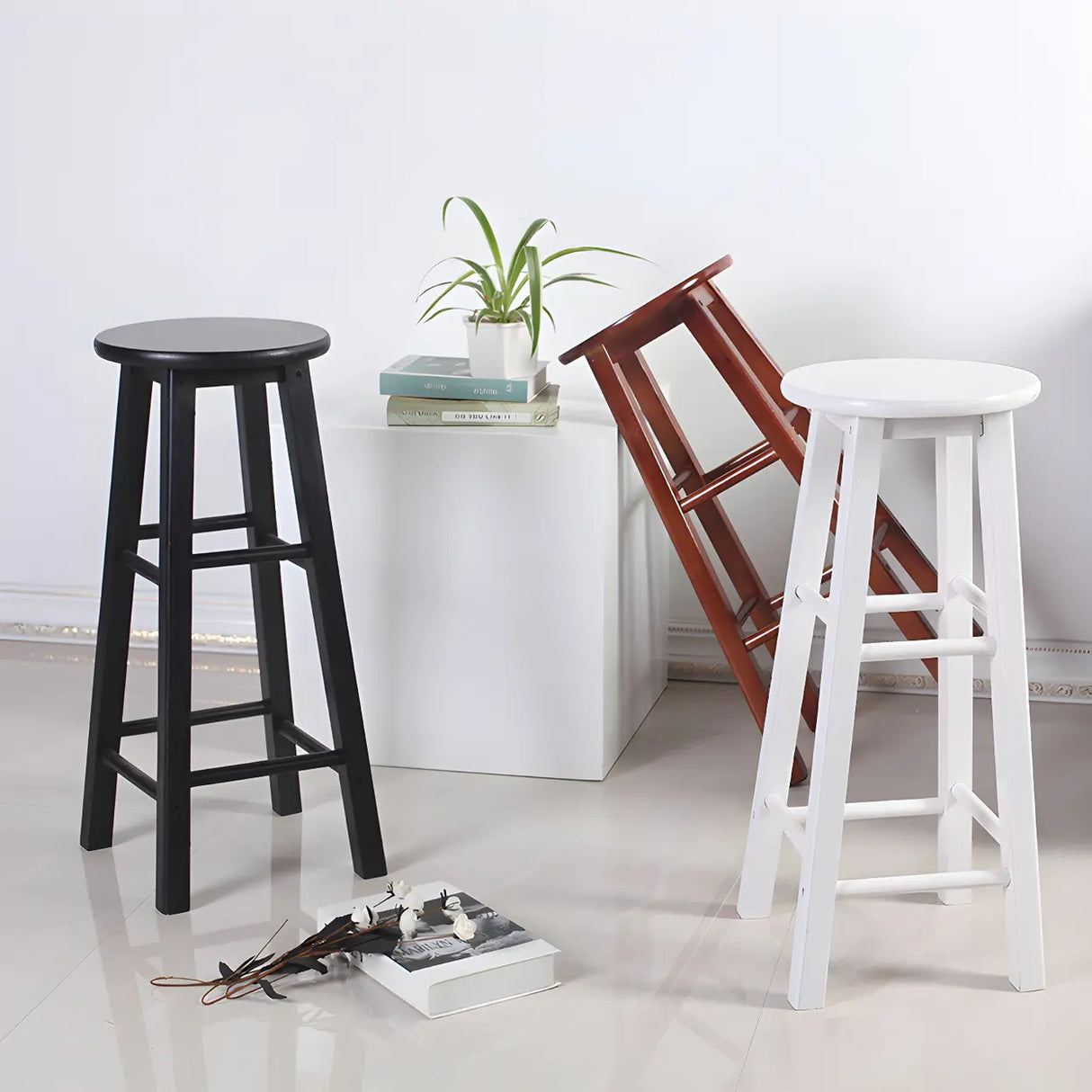Rustic Wood Black Walnut White Round Bar Stool With Footrest Image - 7