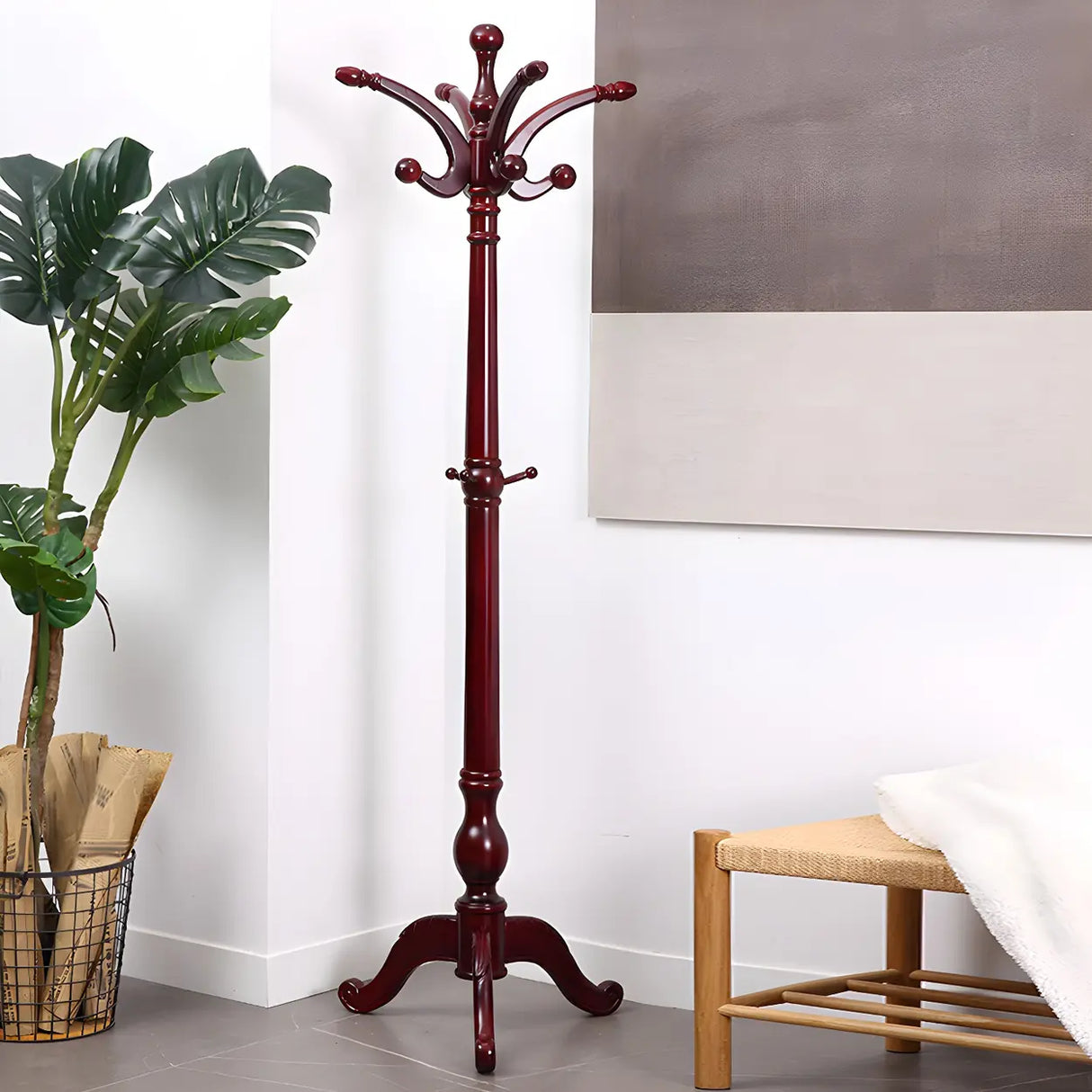 Rustic Wood Brown Entryway Freestanding Hooks Hall Tree Image - 10