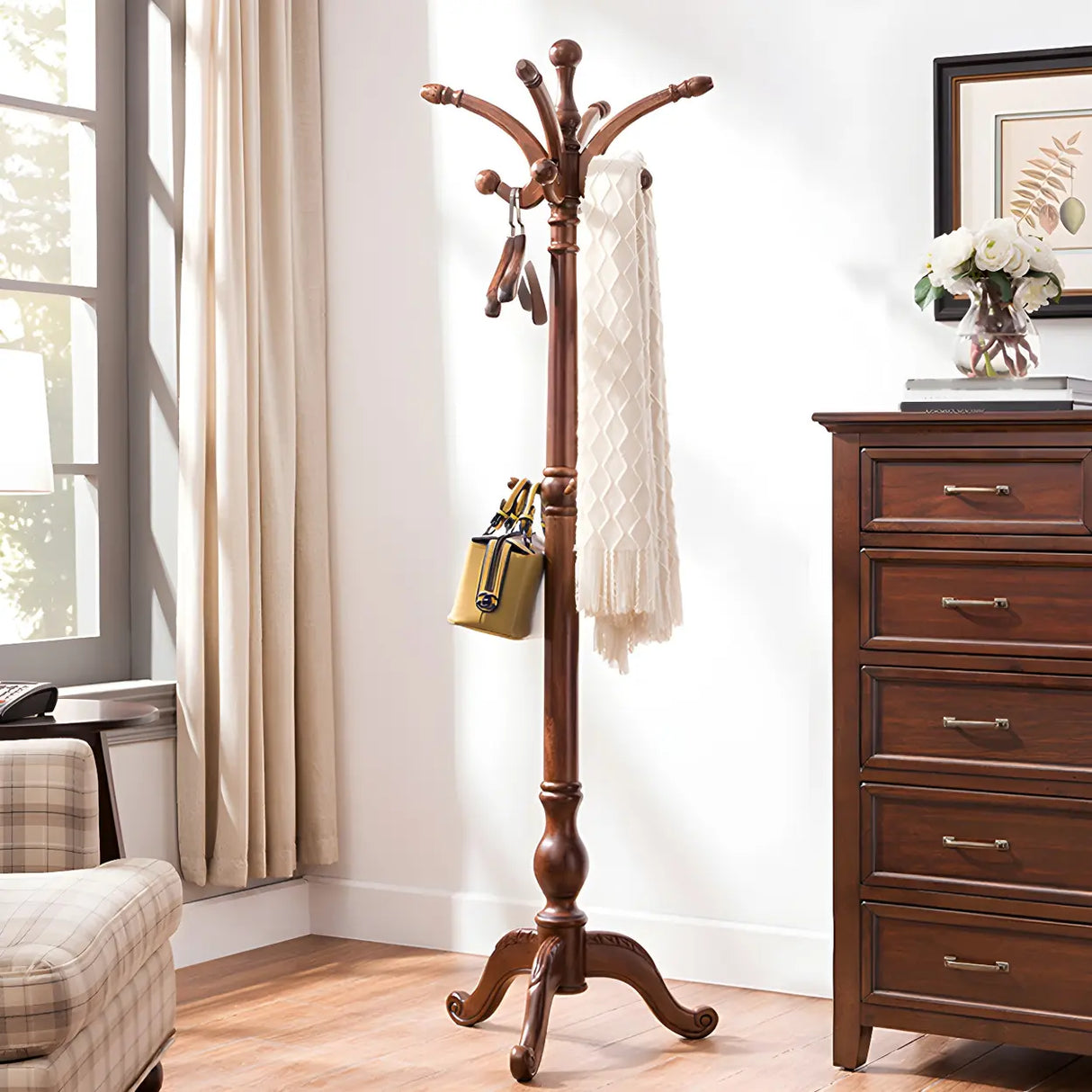Rustic Wood Brown Entryway Freestanding Hooks Hall Tree Image - 1