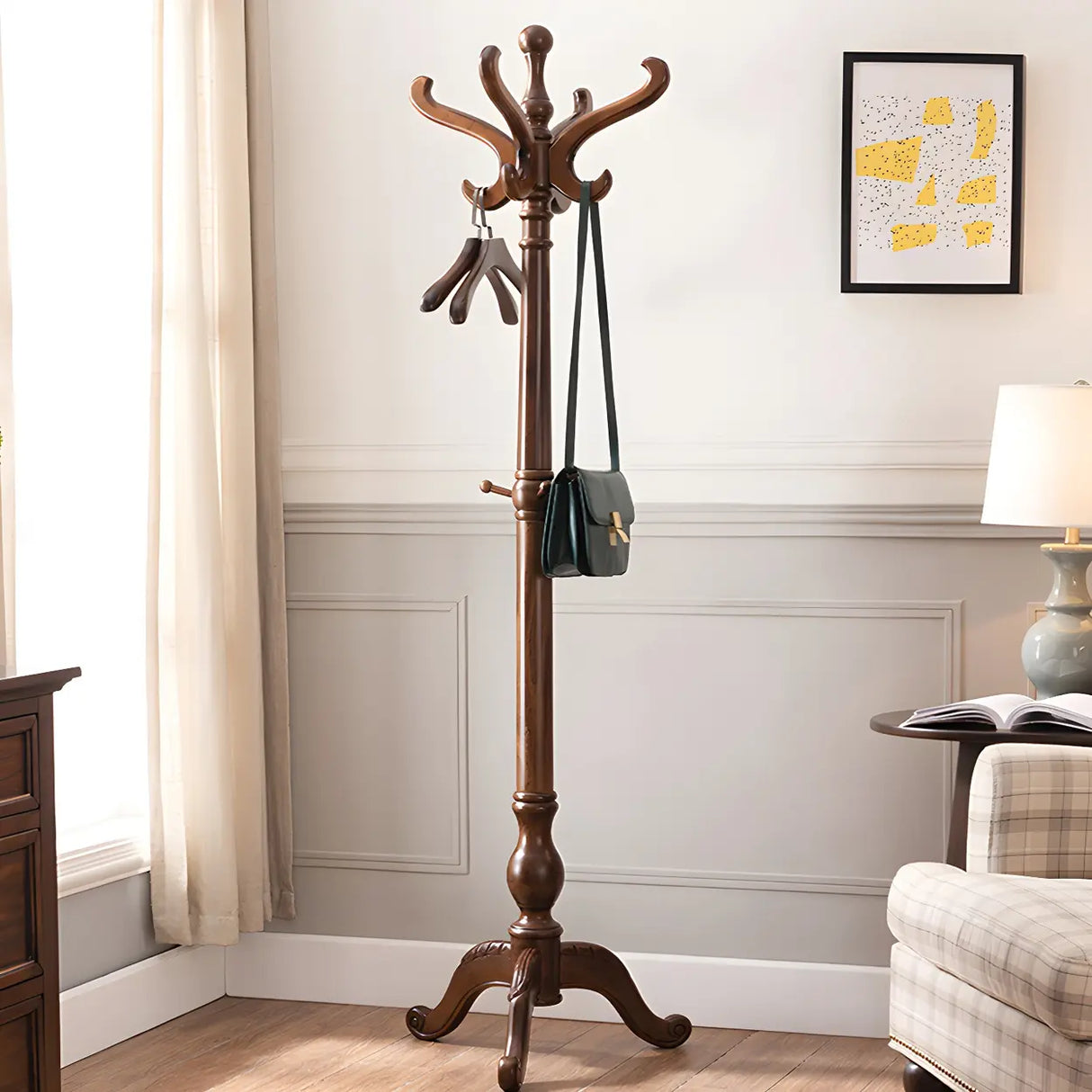 Rustic Wood Brown Entryway Freestanding Hooks Hall Tree Image - 2