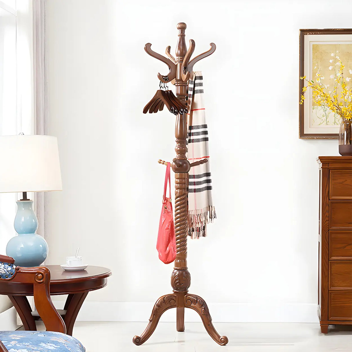 Rustic Wood Brown Entryway Freestanding Hooks Hall Tree Image - 3