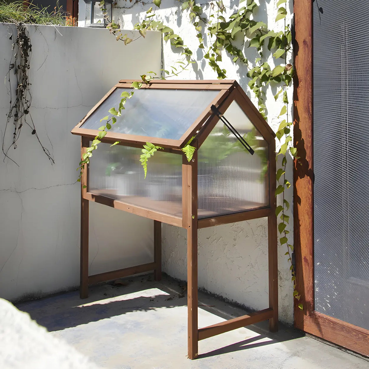 Rustic Wood Compact Mini Greenhouse Balcony Plant Stand Image - 1