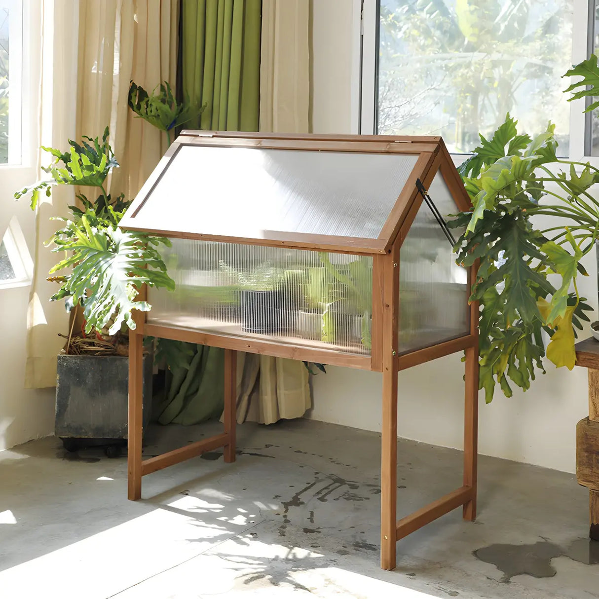 Rustic Wood Compact Mini Greenhouse Balcony Plant Stand Image - 3