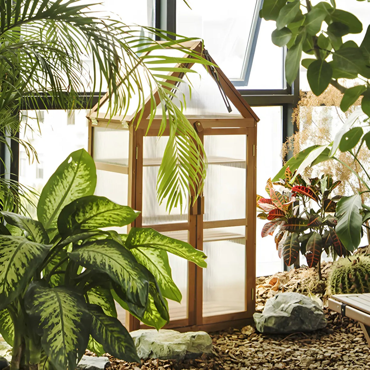 Rustic Wood Compact Mini Greenhouse Balcony Plant Stand Image - 4