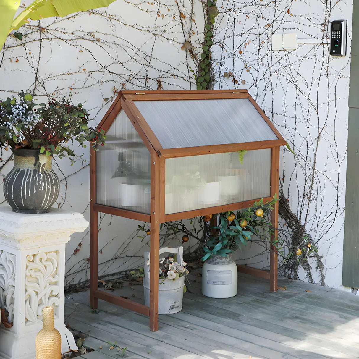 Rustic Wood Compact Mini Greenhouse Balcony Plant Stand Image - 9