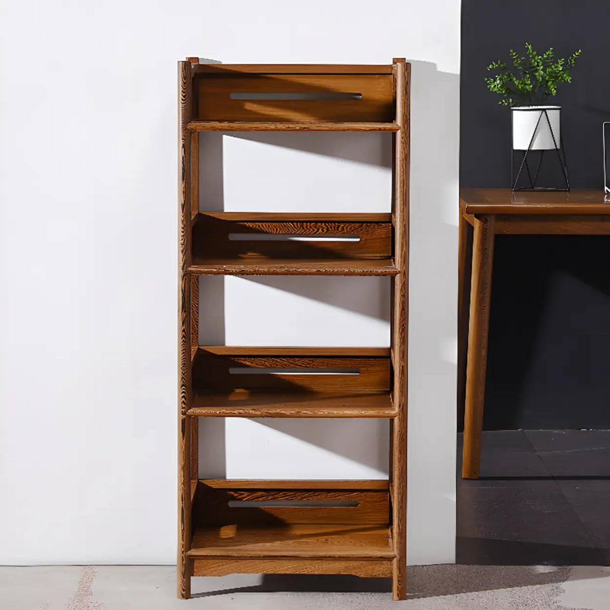 Rustic Wood Vertical 5 Shelves Open Storage Bookshelf Image - 5