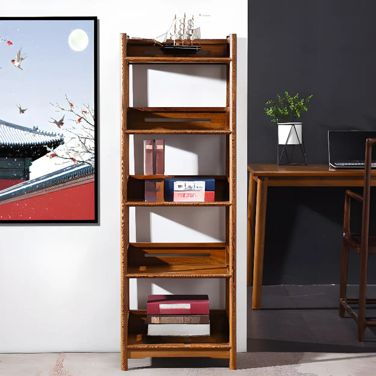 Rustic Wood Vertical 5 Shelves Open Storage Bookshelf Image - 7