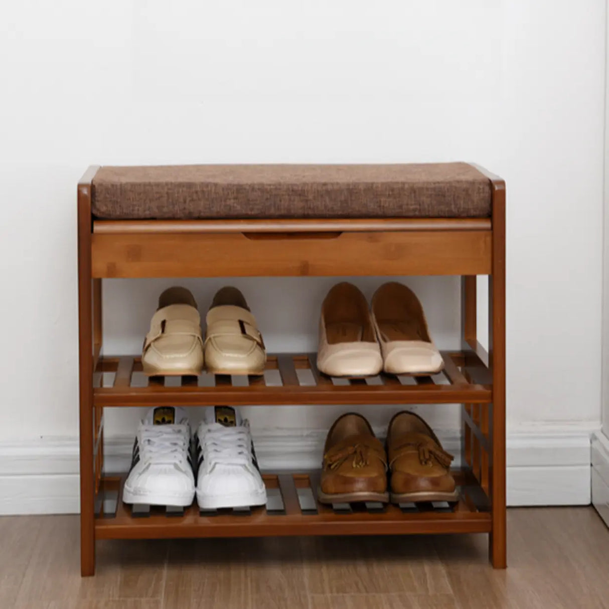 Rustic Wooden Bench Entry Brown Storage Shoe Cabinet Image - 10