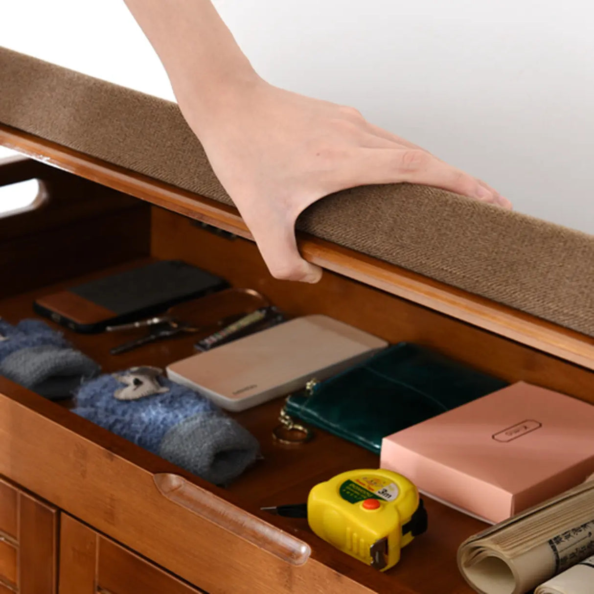 Rustic Wooden Bench Entry Brown Storage Shoe Cabinet Image - 12