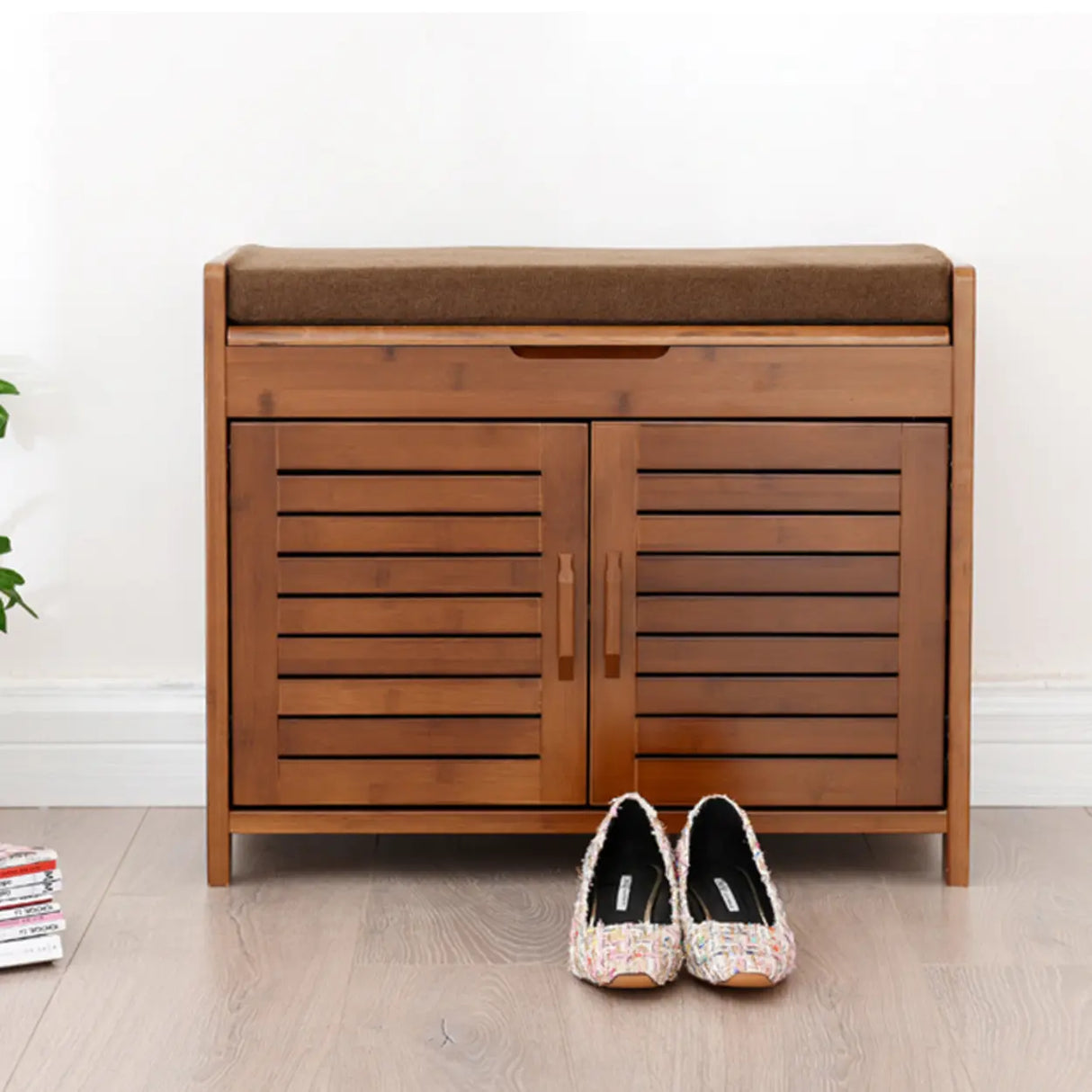 Rustic Wooden Bench Entry Brown Storage Shoe Cabinet Image - 1