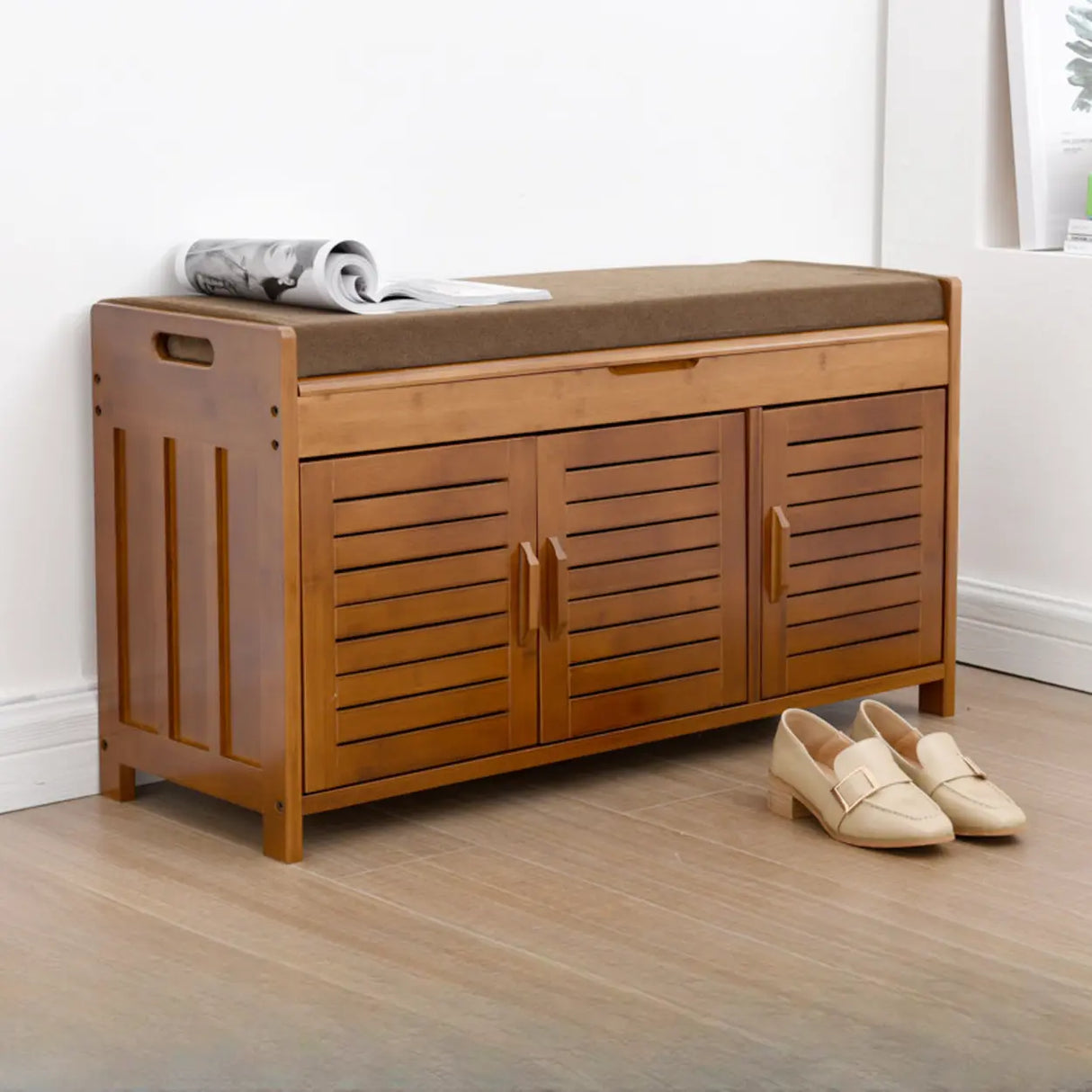 Rustic Wooden Bench Entry Brown Storage Shoe Cabinet Image - 2