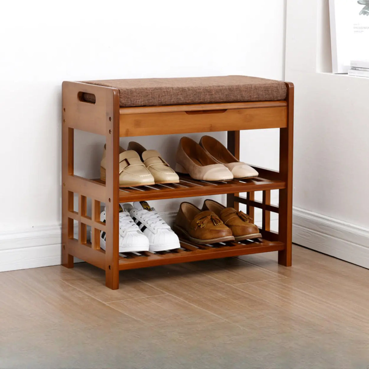 Rustic Wooden Bench Entry Brown Storage Shoe Cabinet Image - 3