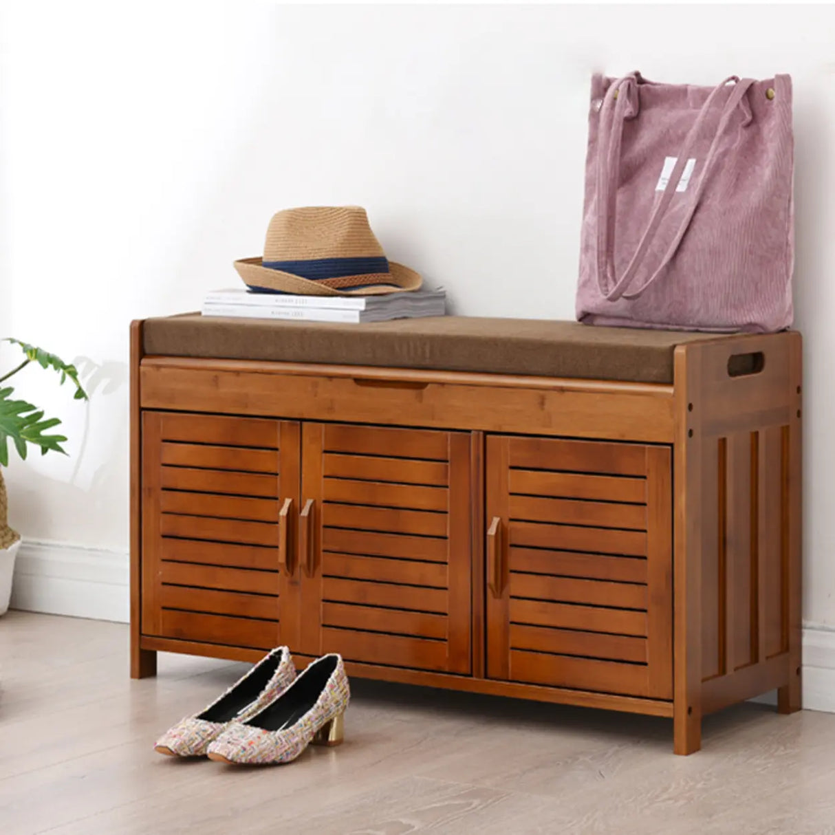 Rustic Wooden Bench Entry Brown Storage Shoe Cabinet Image - 4