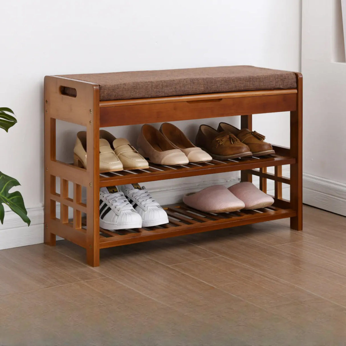 Rustic Wooden Bench Entry Brown Storage Shoe Cabinet Image - 5