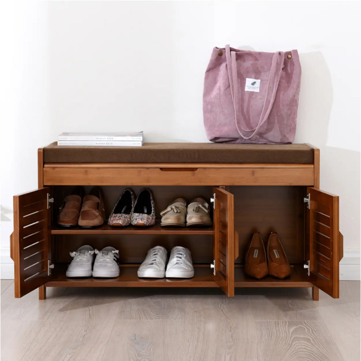 Rustic Wooden Bench Entry Brown Storage Shoe Cabinet Image - 6