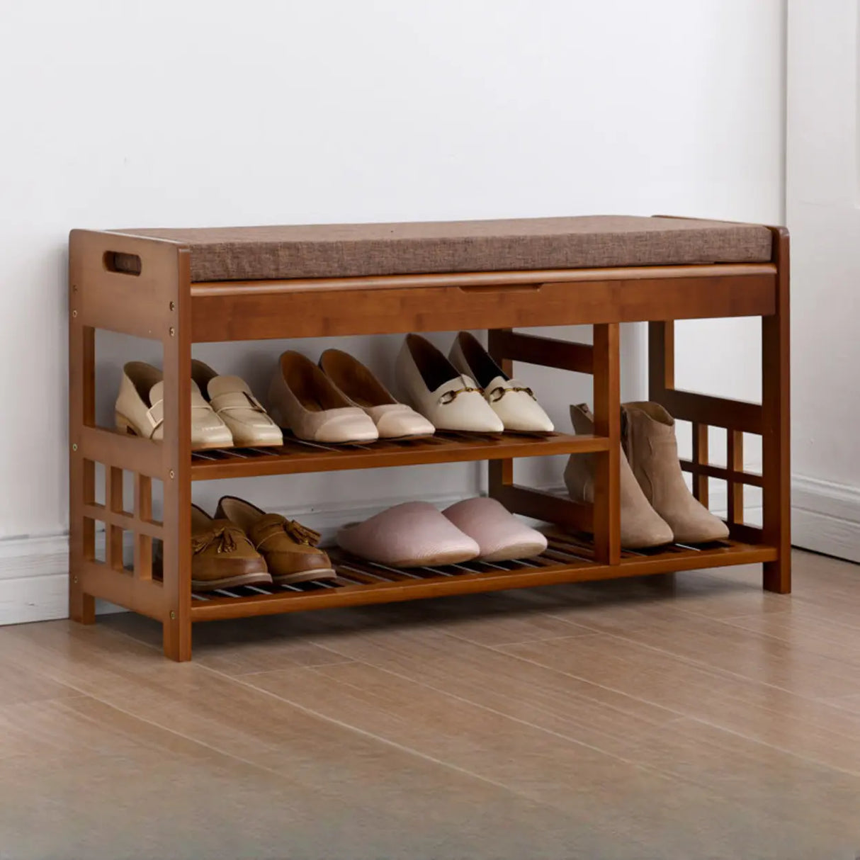 Rustic Wooden Bench Entry Brown Storage Shoe Cabinet Image - 7