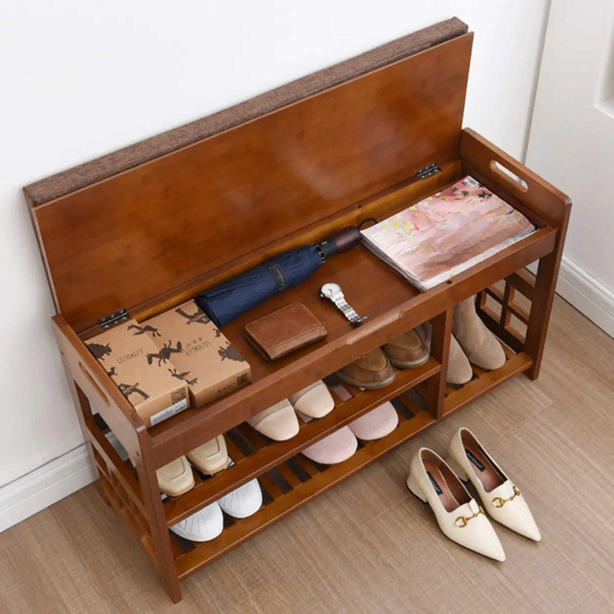 Rustic Wooden Bench Entry Brown Storage Shoe Cabinet Image - 9