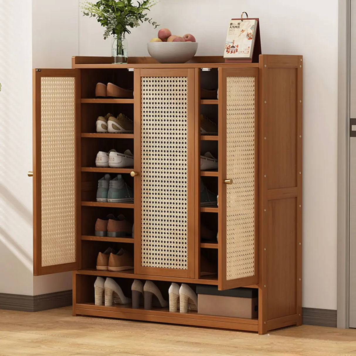 Rustic Wooden Cabinet Brown Large Shoe Storage Unit Image - 10