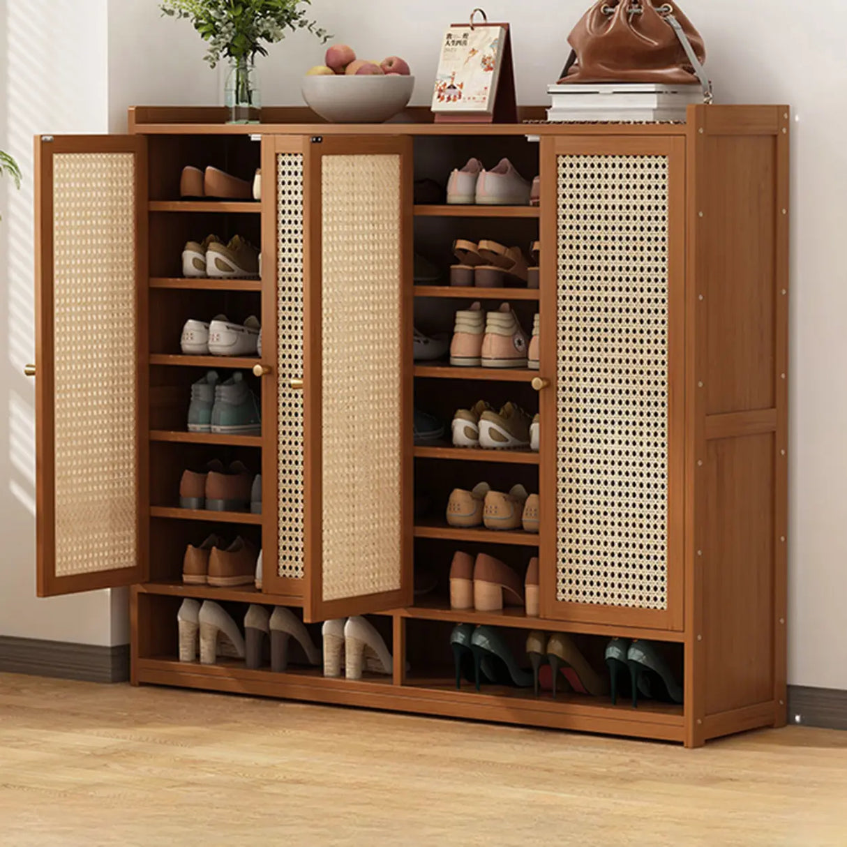 Rustic Wooden Cabinet Brown Large Shoe Storage Unit Image - 11