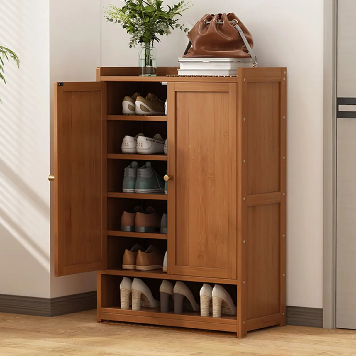 Rustic Wooden Cabinet Brown Large Shoe Storage Unit Image - 13