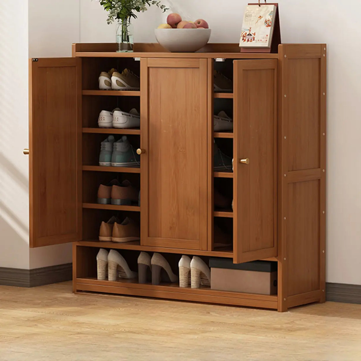 Rustic Wooden Cabinet Brown Large Shoe Storage Unit Image - 14