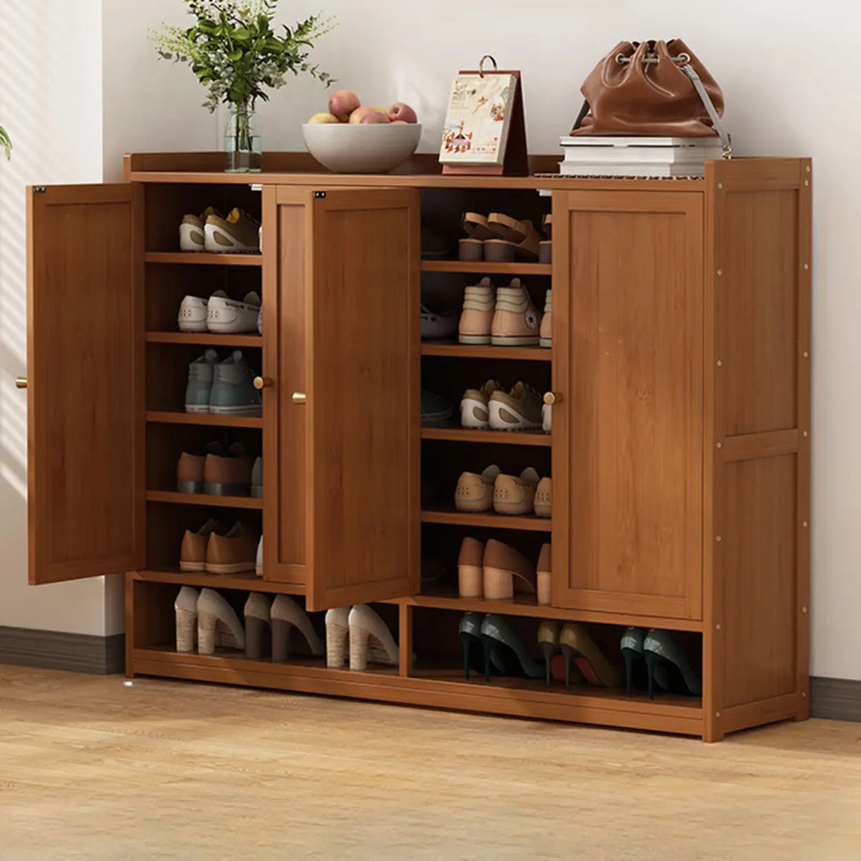 Rustic Wooden Cabinet Brown Large Shoe Storage Unit Image - 15