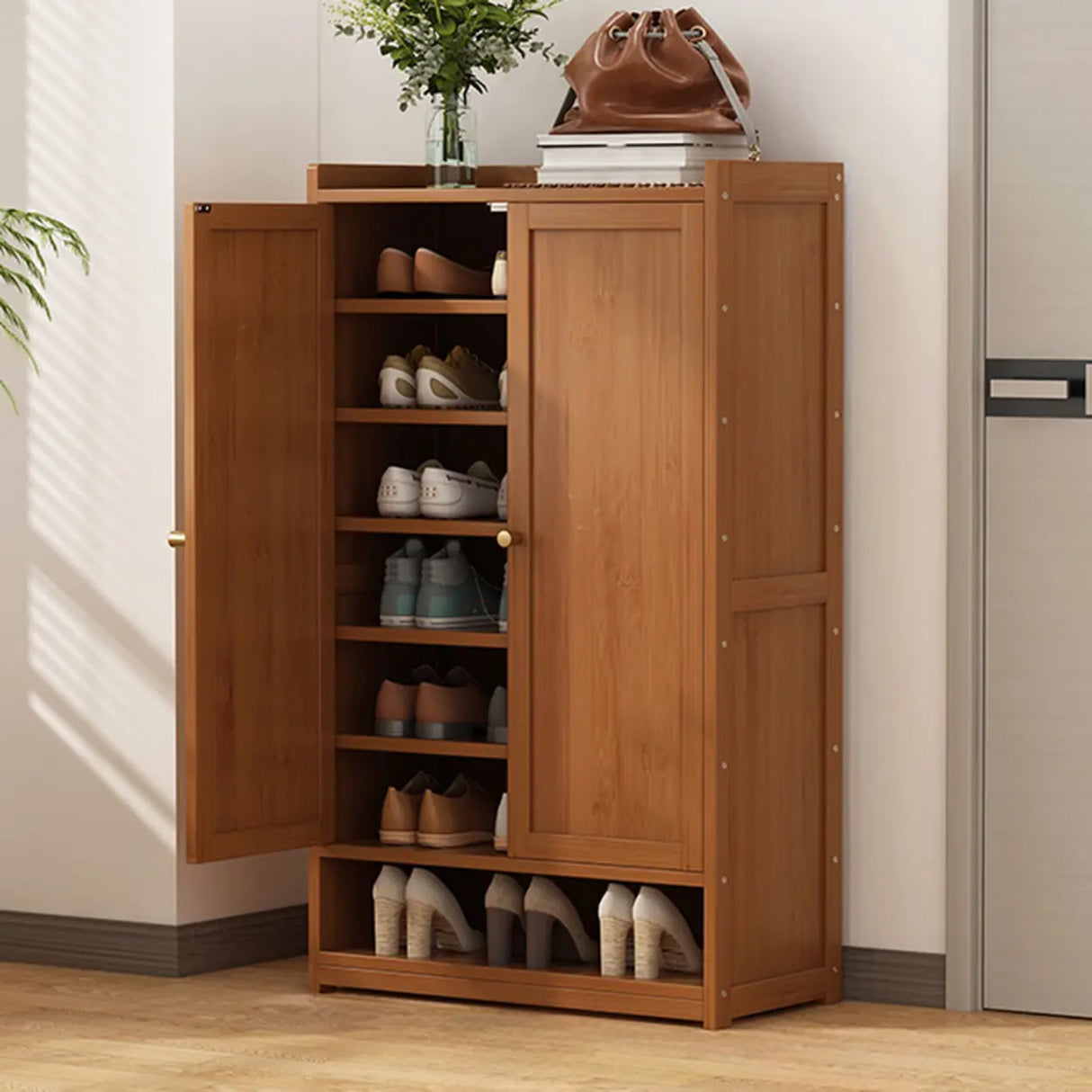 Rustic Wooden Cabinet Brown Large Shoe Storage Unit Image - 16