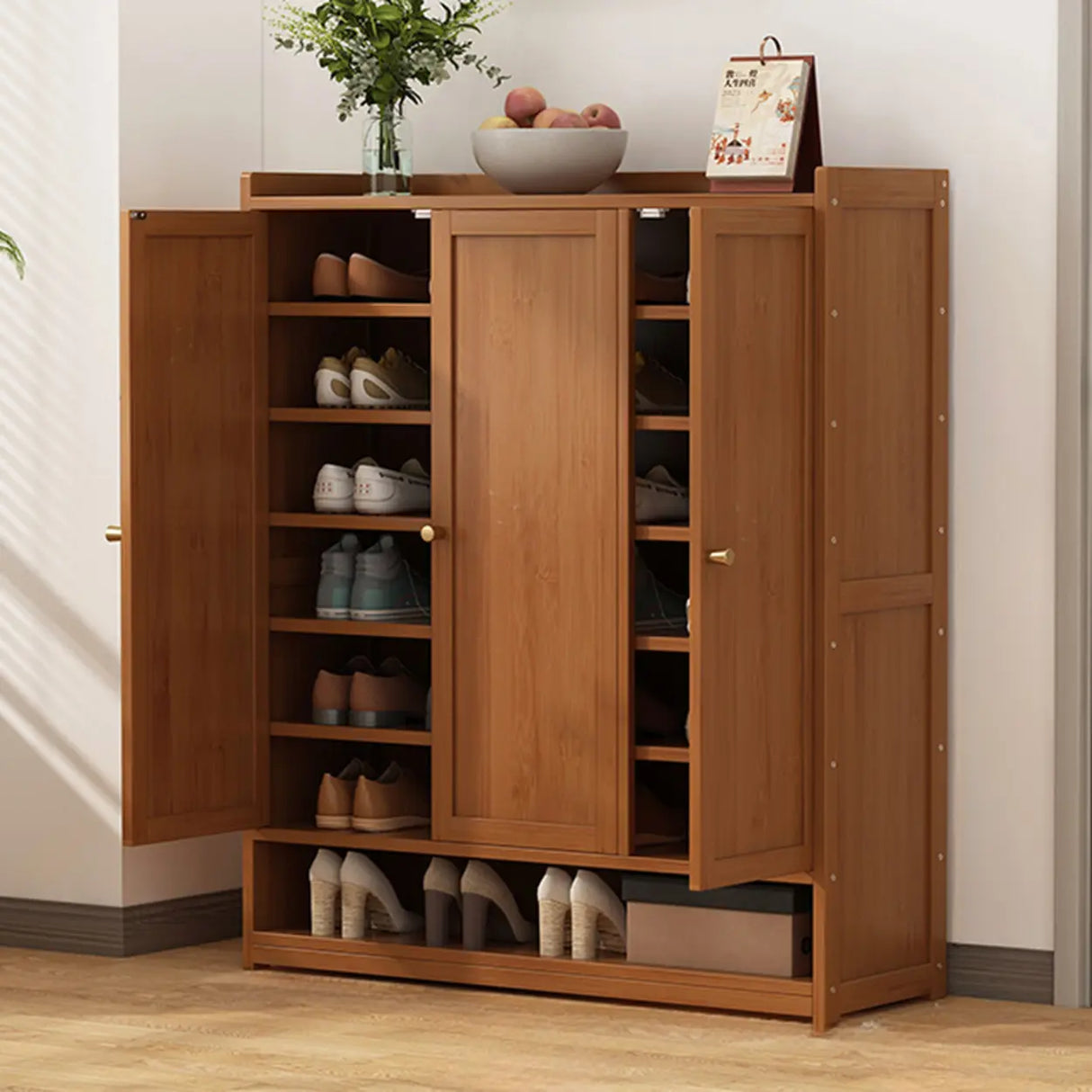 Rustic Wooden Cabinet Brown Large Shoe Storage Unit Image - 17