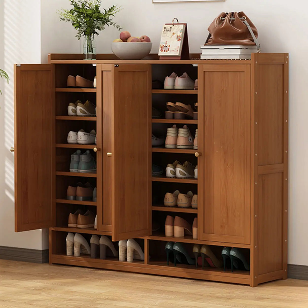 Rustic Wooden Cabinet Brown Large Shoe Storage Unit Image - 18