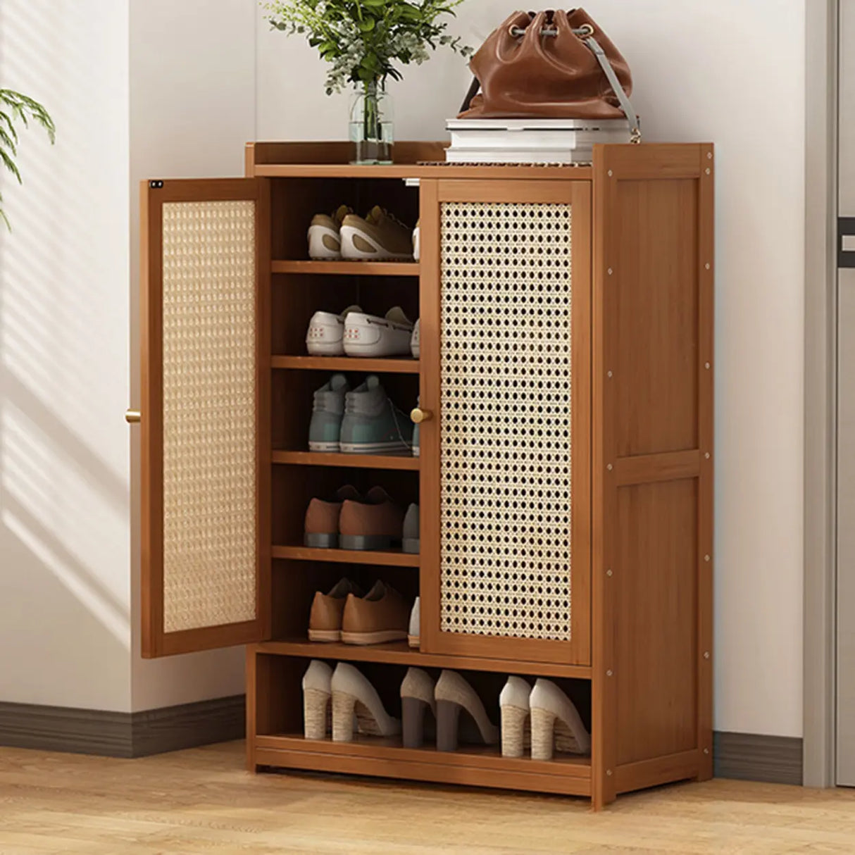 Rustic Wooden Cabinet Brown Large Shoe Storage Unit Image - 2