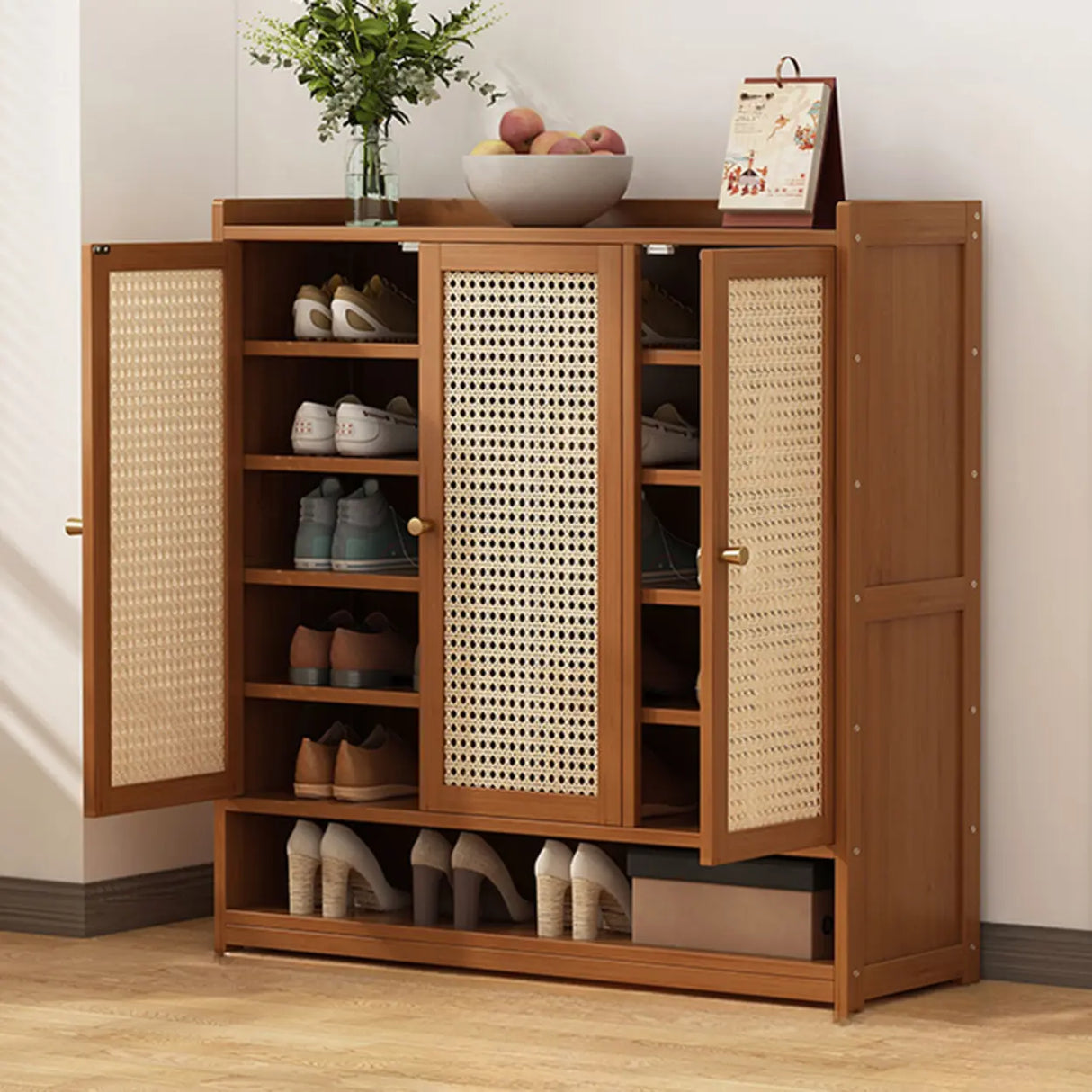 Rustic Wooden Cabinet Brown Large Shoe Storage Unit Image - 3