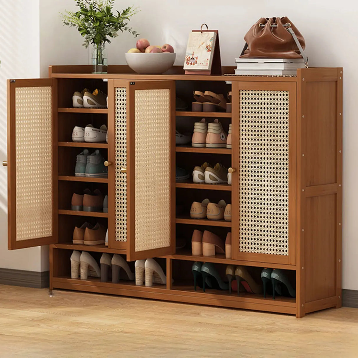 Rustic Wooden Cabinet Brown Large Shoe Storage Unit Image - 5