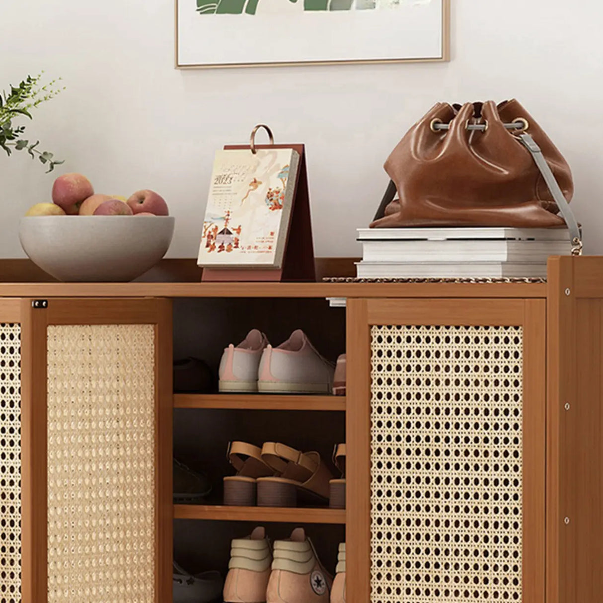Rustic Wooden Cabinet Brown Large Shoe Storage Unit Image - 7