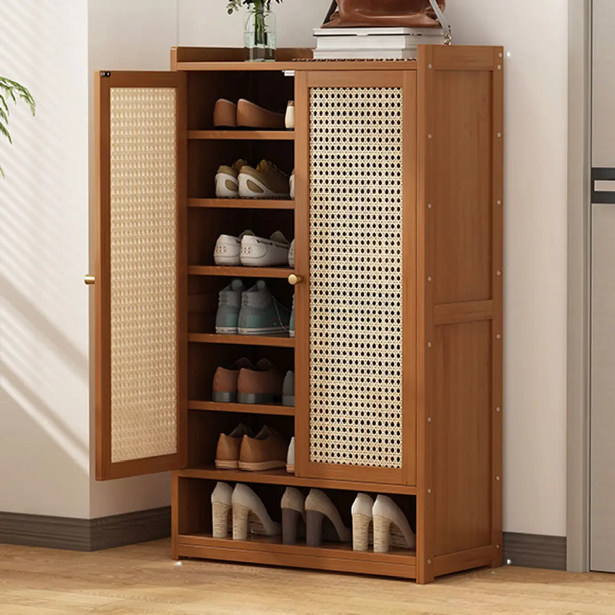 Rustic Wooden Cabinet Brown Large Shoe Storage Unit Image - 8