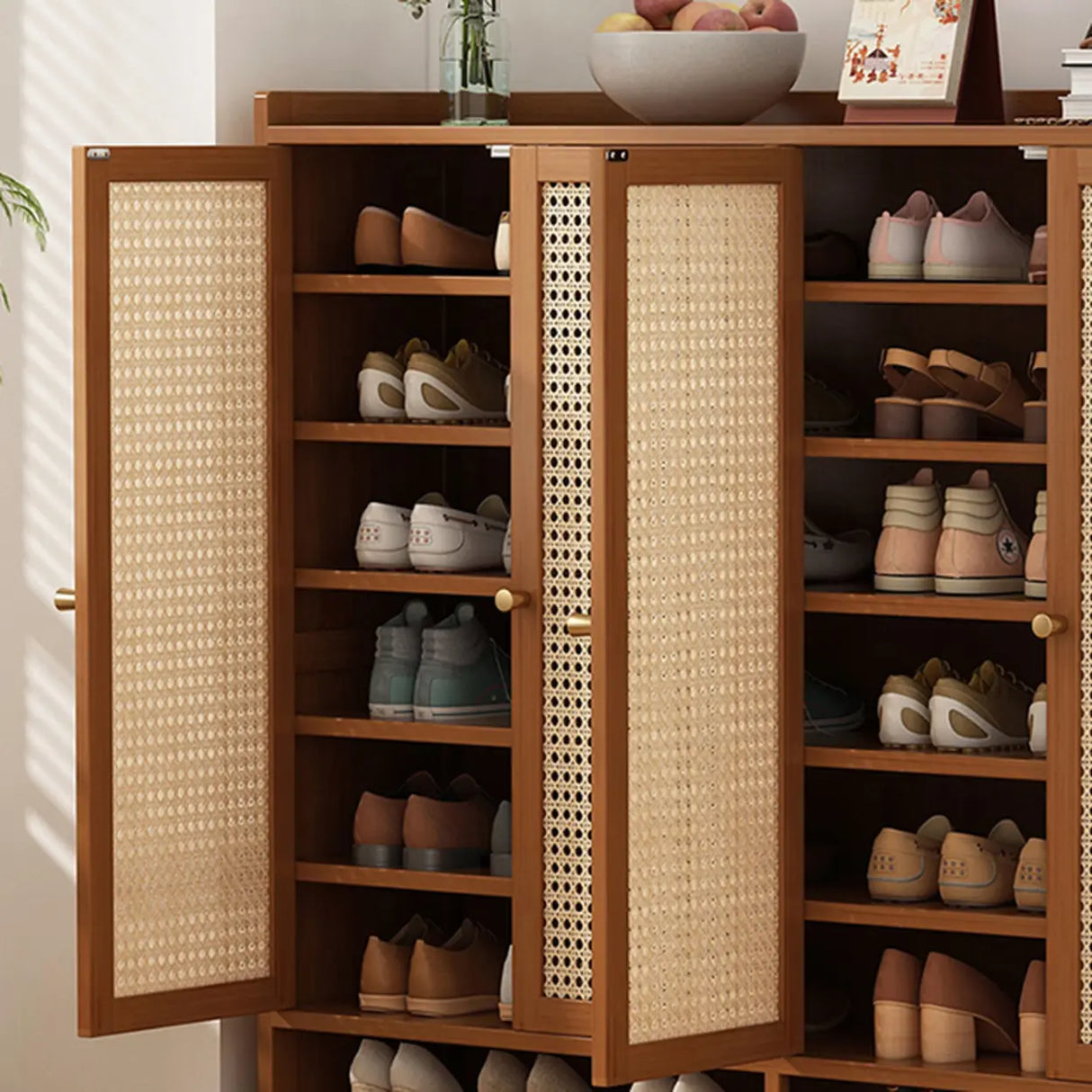 Rustic Wooden Cabinet Brown Large Shoe Storage Unit Image - 9