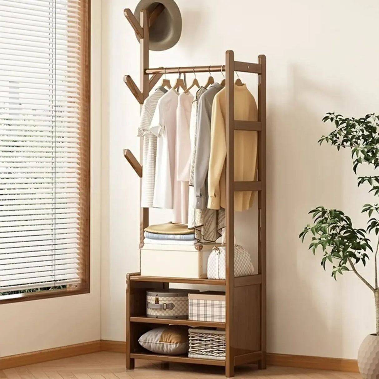 Rustic Wooden Natural Hooks Hall Tree with Storage Bench Image - 10