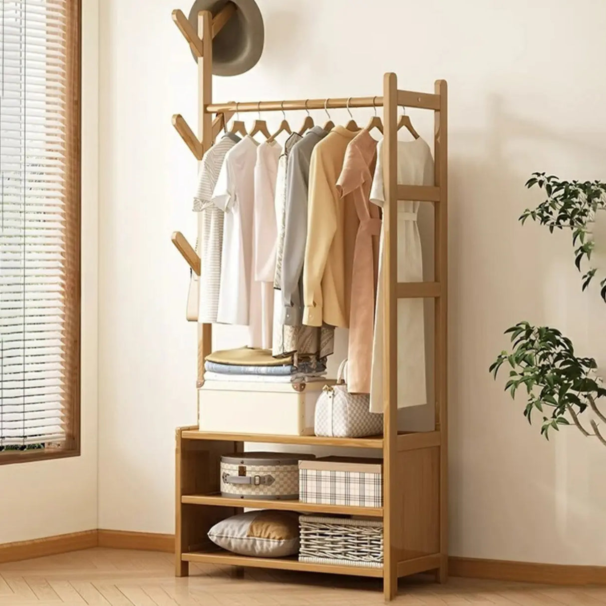 Rustic Wooden Natural Hooks Hall Tree with Storage Bench Image - 11